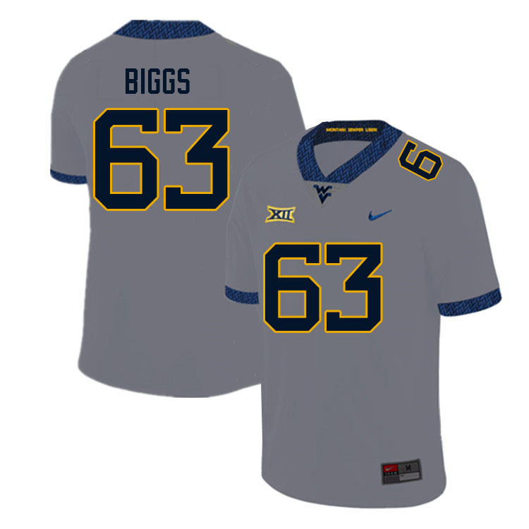 Men #63 Bryce Biggs West Virginia Mountaineers College Football Jerseys Sale-Gray